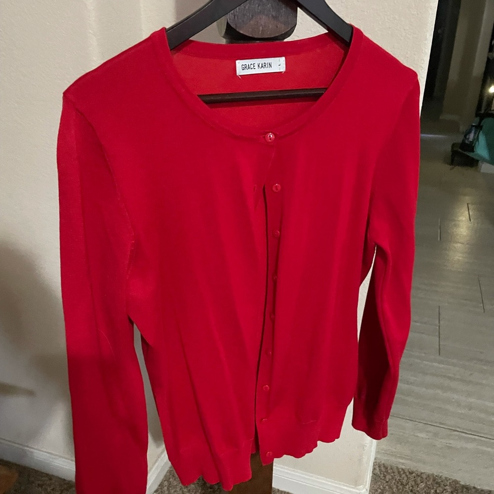 Red button front cardigan